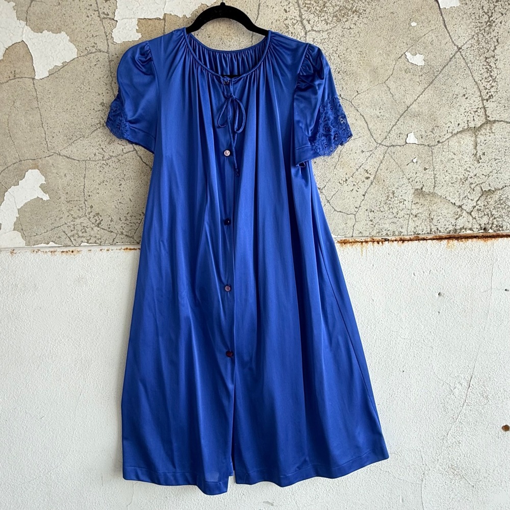 Vtg 70s Nightgown Housecoat Blue Nylon Lace‎ Trim Lorraine Dress Robe USA Small